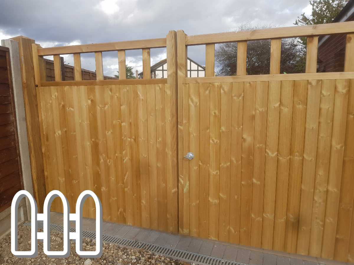 Newly installed wooden garden gate with a sturdy panel design and a metal handle, enhancing outdoor privacy and security.
