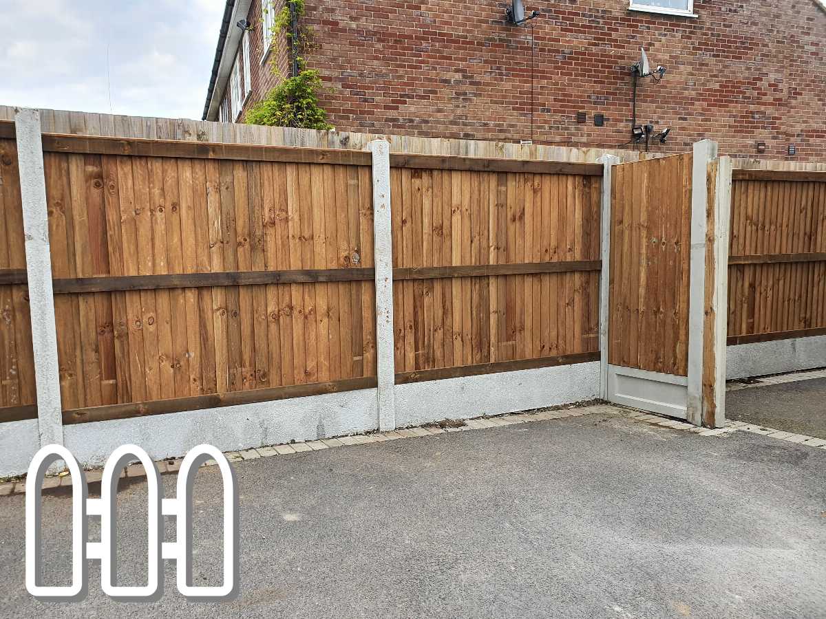 Sturdy wooden fence with a gated section installed beside a brick building