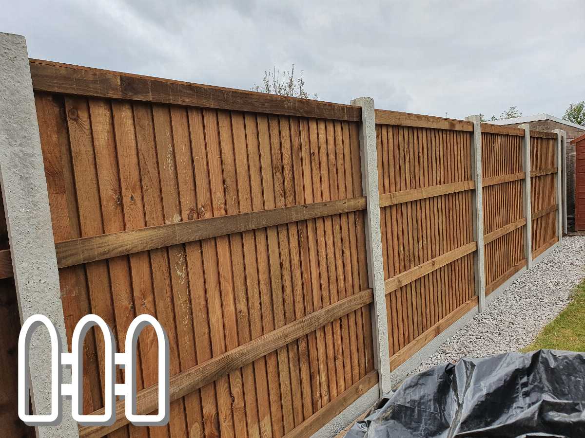 Sturdy wooden garden fence with alternating vertical and horizontal panels, installed in a residential backyard