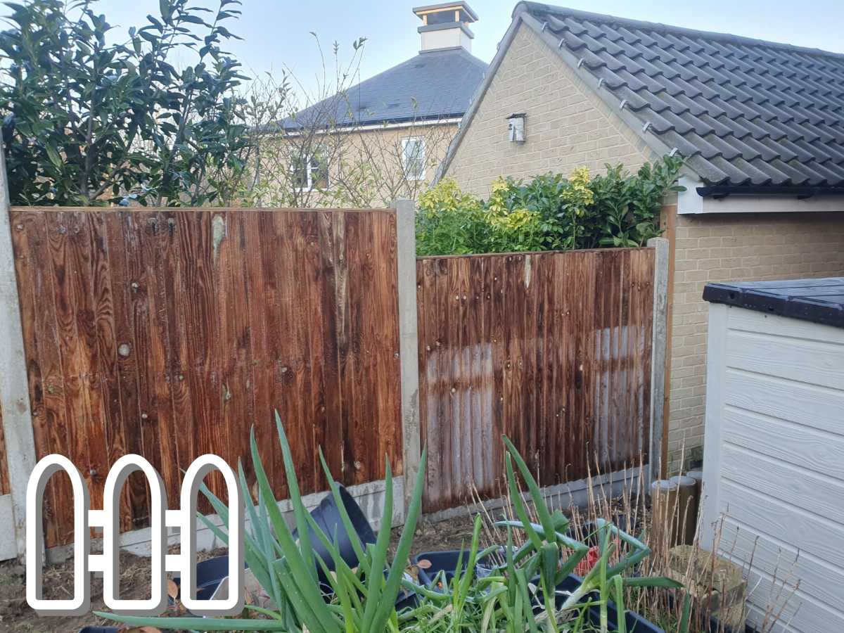 A wooden fence dividing two garden areas, with greenery visible above the fence and a shed in the background.